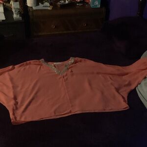 Umgee Coral Blouse with Beaded Neckline